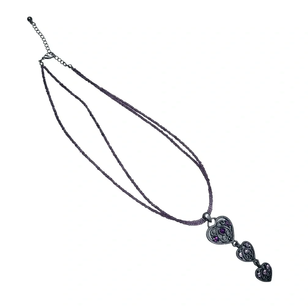 SILVER TONE 3 FILAGREE HEARTS W PURPLE CRYSTALS PENDANT ON PURPLE BEAD NECKLACE